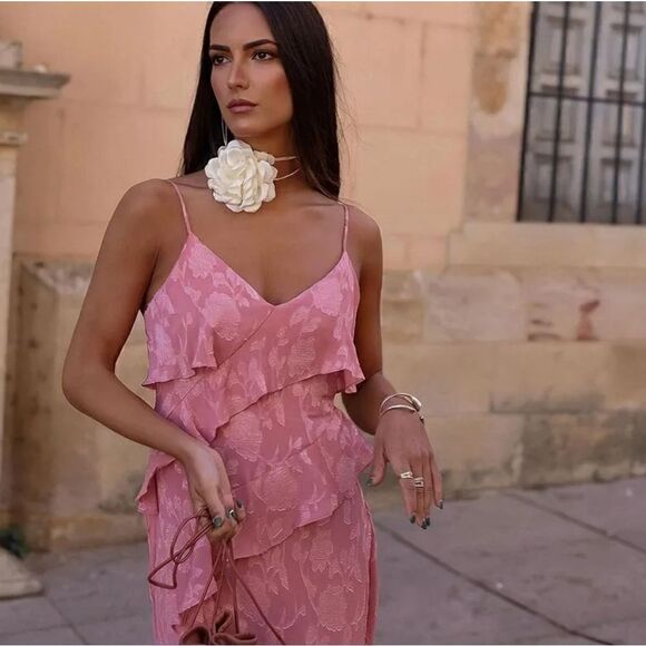 Nwt ZARA RUFFLED JACQUARD DRESS MARSALA Pink Dusty - Picture 6 of 17